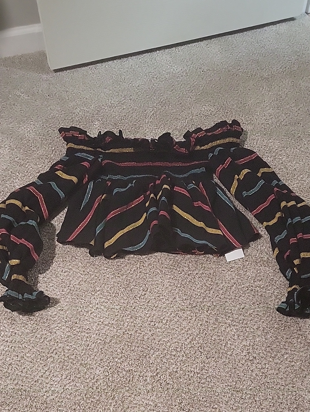 Caroline Constas Black Off-Shoulder Ruffle Crop Top with Multicolor Stripes